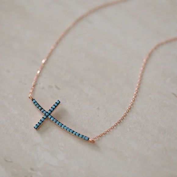 Turquoise Cross Necklace | 14k Rose Gold Plated - Picture 5 of 7